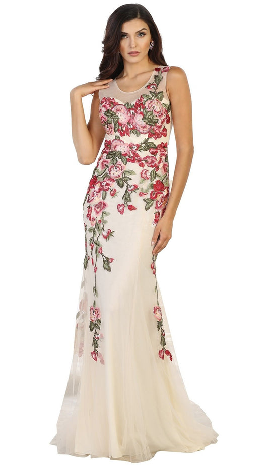 Sleeveless Floral Embroidered Evening Dress