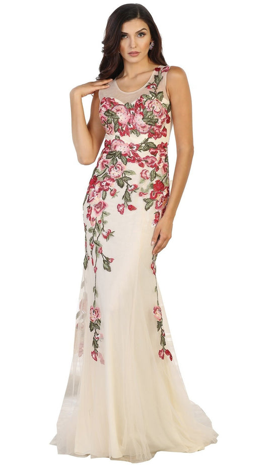 May Queen - Sleeveless Floral Embroidered Evening Dress in Nude and Multicolor