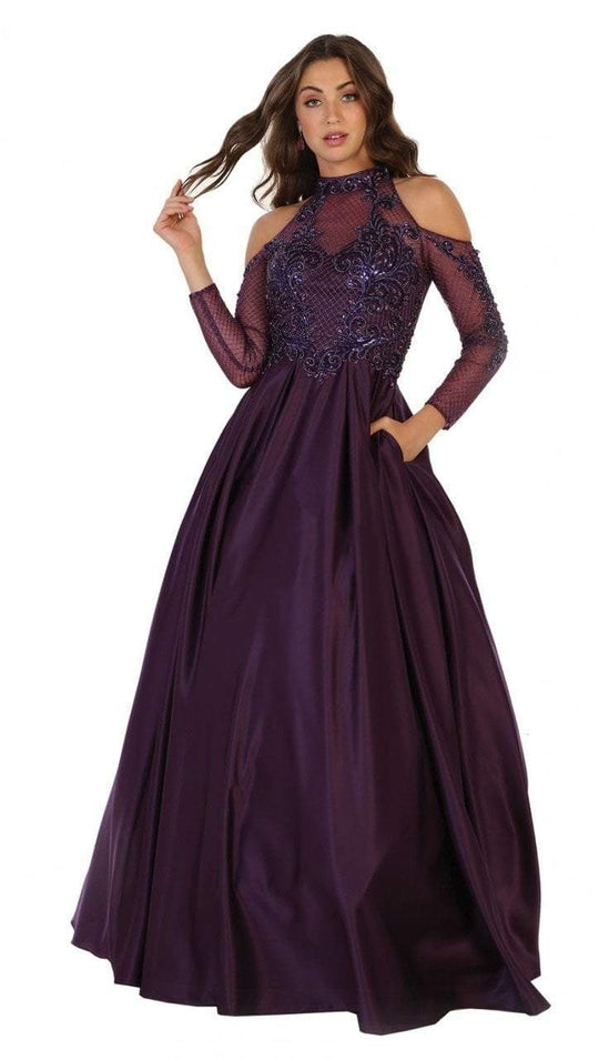 May Queen - Long Sleeve Illusion Lattice Taffeta Ballgown in Purple