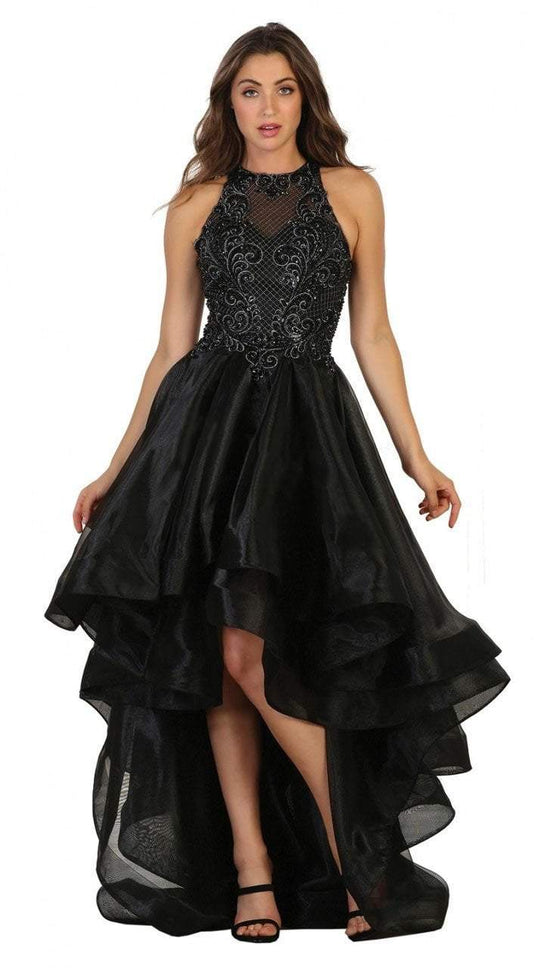 May Queen - Embroidered Illusion Lattice High Low Gown in Black