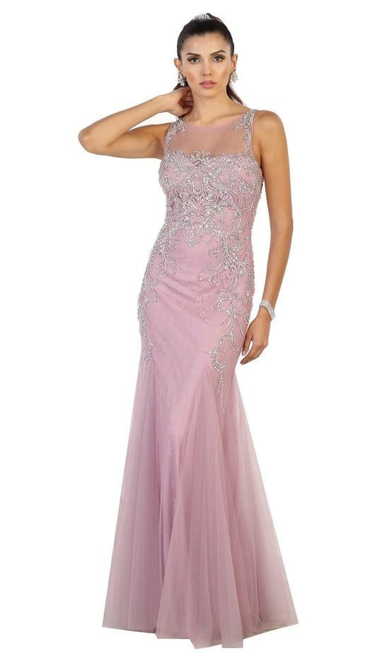 Bedazzled Illusion Bateau Trumpet Prom Dress