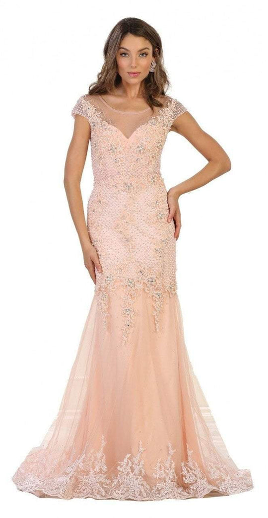 May Queen - Cap Sleeve Rhinestone Embellished Evening Gown RQ7521 in Dusty Rose