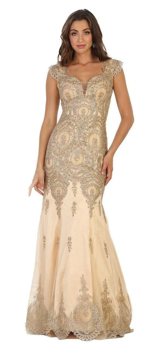 May Queen - Cap Sleeve Sweetheart Embroidered Evening Gown RQ7538 in Gold