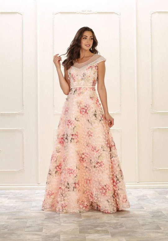 May Queen - Sheer Cap Sleeves Floral Embellished A-line Gown RQ7554