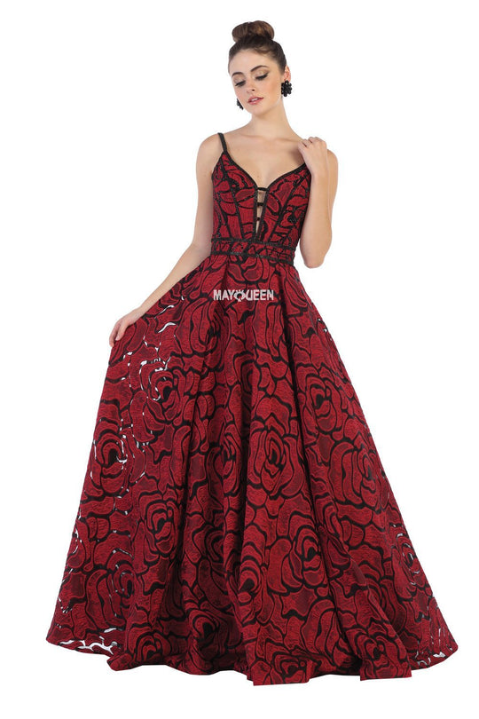 May Queen - RQ7639 Embellished V-neck Floral Patterned A-line Dress In Red