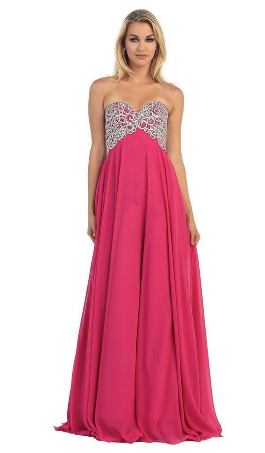 May Queen Strapless Metallic Ornate Lace Up A-Line Evening Gown MQ-1105 In Pink