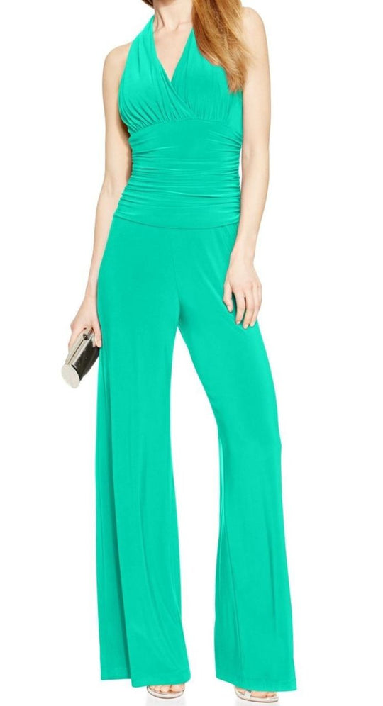 Nine West - 10571878 Ruched Halter Jersey Jumpsuit in Green