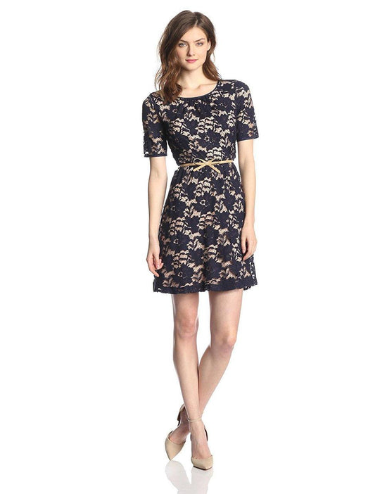 Donna Morgan - D1732M Short Sleeve Lace Dress in Blue