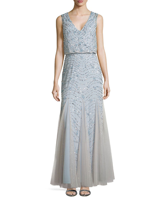 Aidan Mattox - 54463580 V Neck Blouson Embellished A-Line Long Dress in Silver and Blue