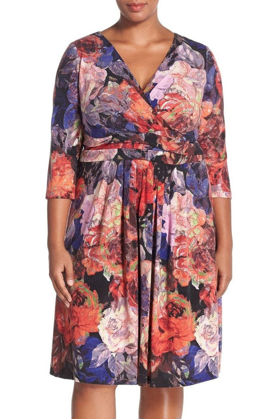 Adrianna Papell - 15251260 Pleated V Neck A Line Cocktail Dress in Black and Multi-Color