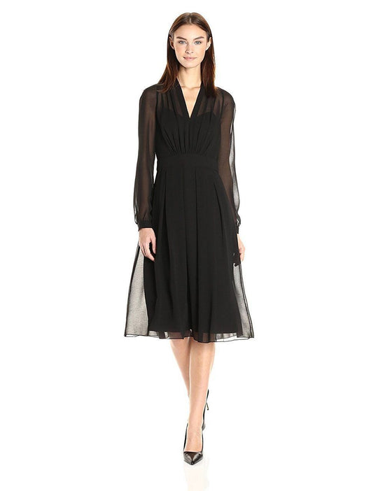 Anne Klein  - 10634718 V Neck Long Sleeves Chiffon Dress in Black