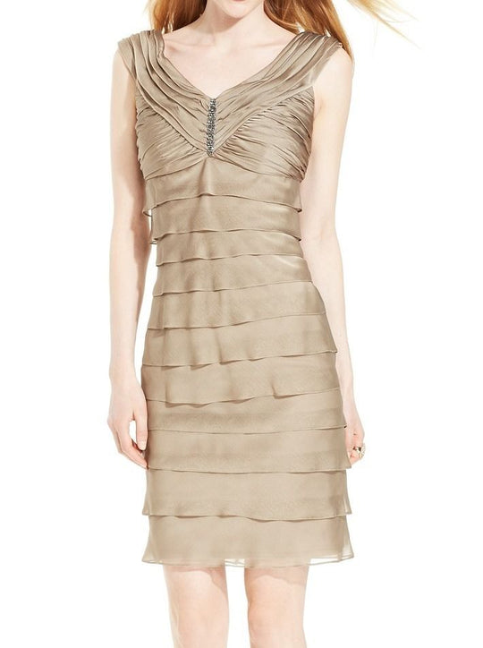 London Times - L0707P Brooch Accented Tiered Dress in Brown