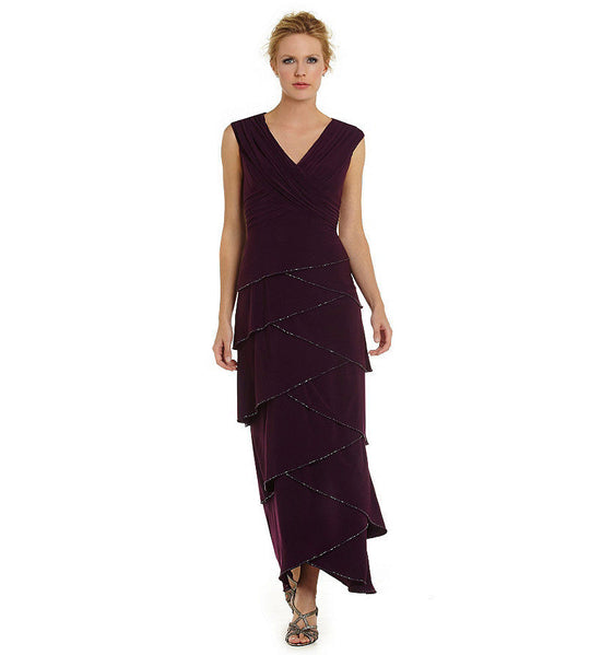 Patra - V-Neck Tiered Long Jersey Dress 13089 in Purple