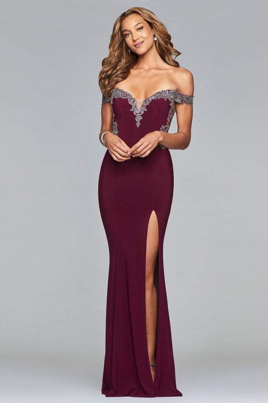 Faviana - Off-Shoulder Jersey Sheath Long Gown s10001  In Red