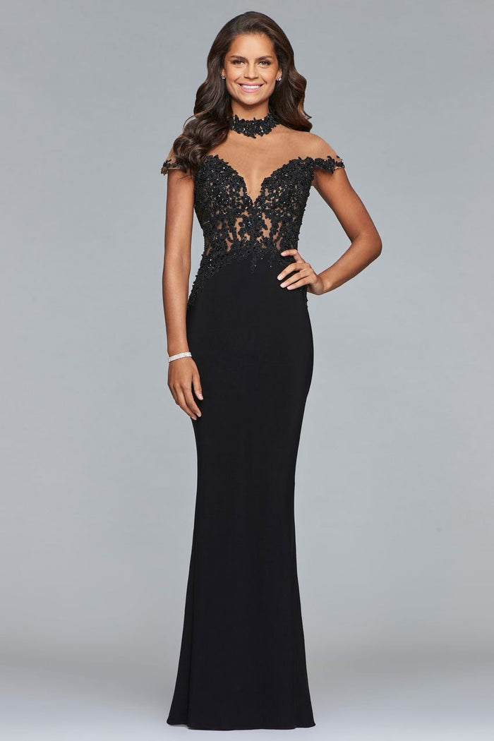 s10004 Embroidered Illusion High Sheath Dress