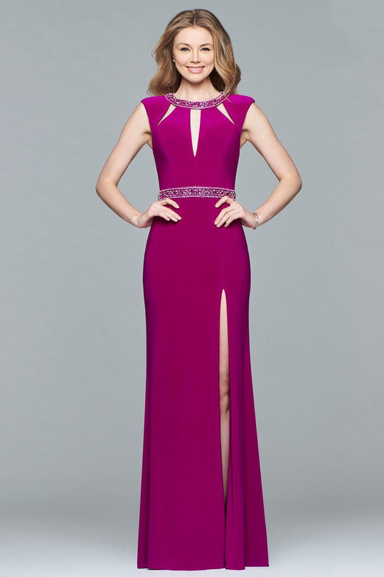 s10009 Cap Sleeve Multi-Cutout Jeweled Gown