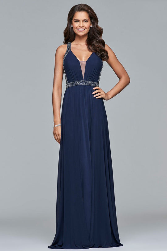 s10018 Beaded Deep V-neck A-line Dress