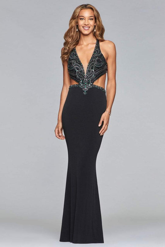 s10029 Beaded V-neck Jersey Sheath Dress