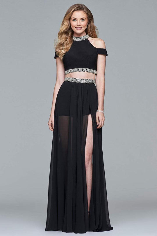 s10032 Two Piece Jeweled High Halter Chiffon Dress