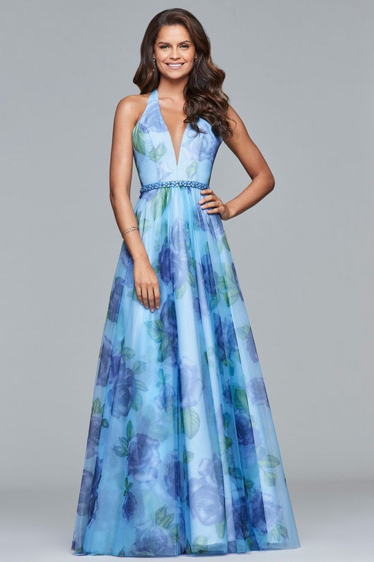 s10036 Floral Printed Deep V-neck A-line Dress