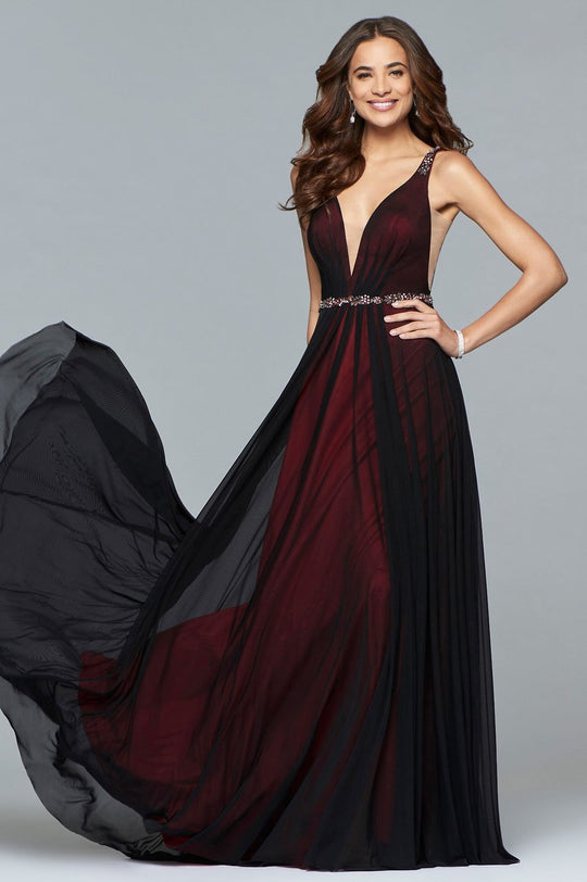 s10040 Bead Embellished Deep V-neck A-line Dress