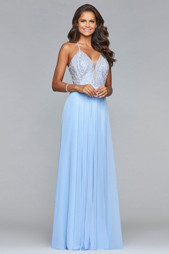 s10041 Beaded Deep V-neck Chiffon Dress