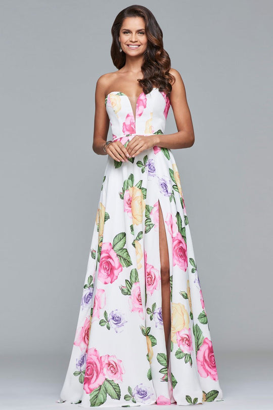 s10046 Strapless Floral Print Chiffon Gown