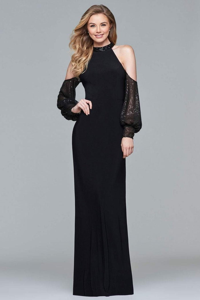 s10053 Cold Shoulder Haltered Jersey Gown