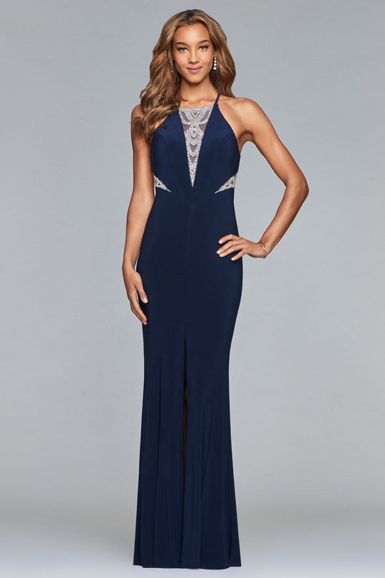 s10069 Lavish Halter Beaded Evening Gown