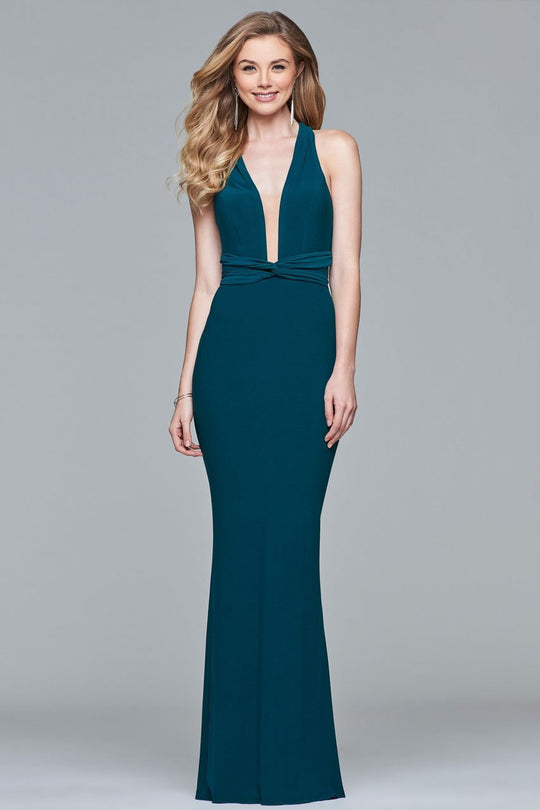 s10078 Plunging Wrap Tie Back Evening Dress