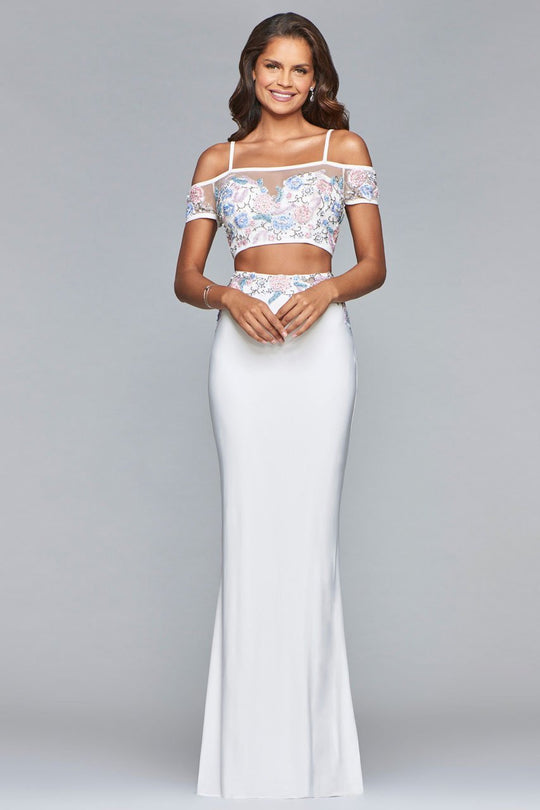 s10087 Two Piece Floral Embellished Evening Dress