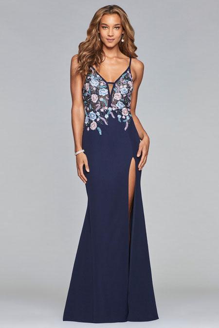 s10088 Slim V-Neck Floral Embroidered Evening Dress