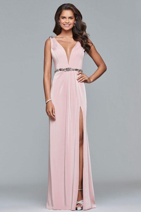 s10090 Plunging V-Neck Beaded Satin Evening Dress