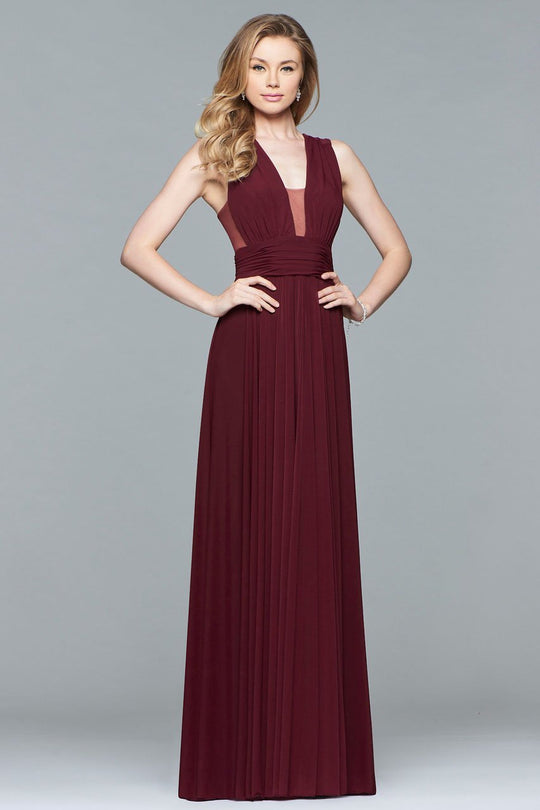s10095 Ruched and Sheer Detail Evening Gown