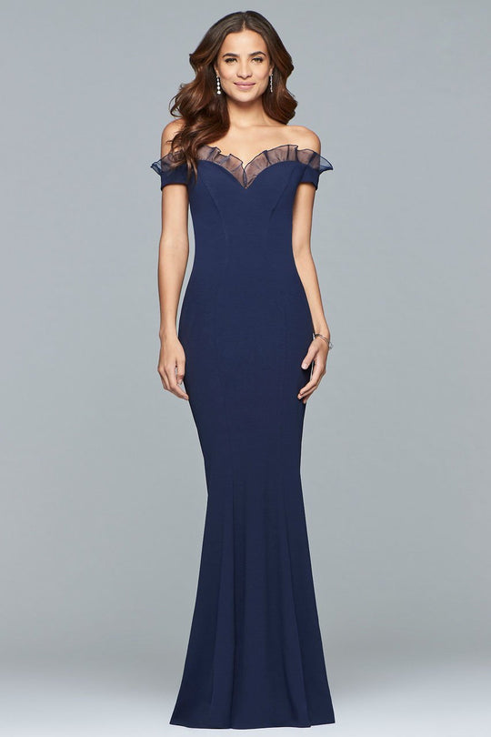 s10097 Ruffled Organza Off Shoulder Evening Gown