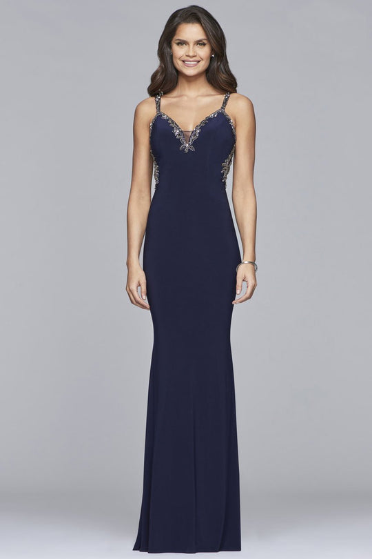 S10107 Lace Beaded V-neck Jersey Sheath Dress