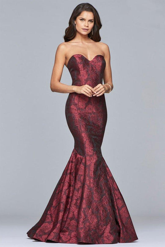 Faviana - Strapless Sweetheart Jacquard Mermaid Dress S10118 In Red