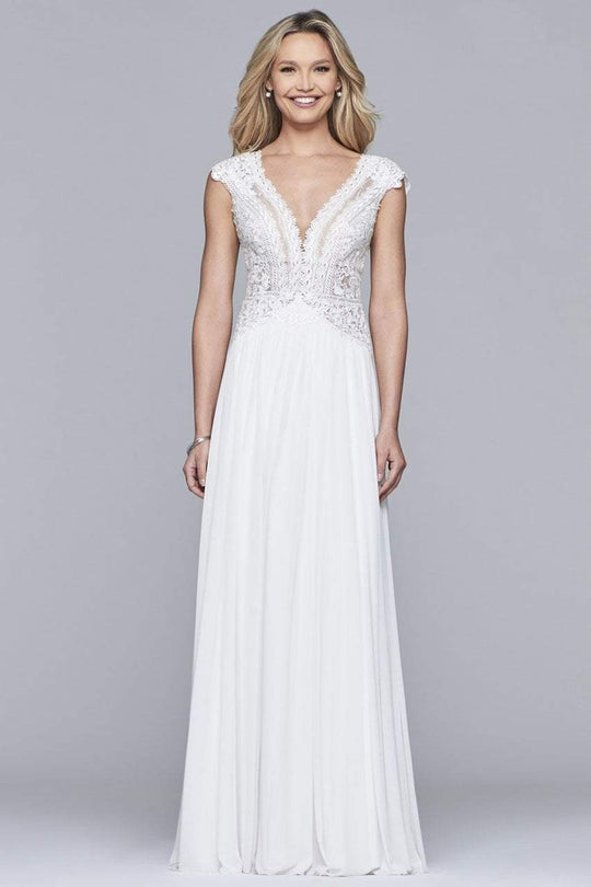 S10178 Beaded Lace Plunging V-neck A-line Dress