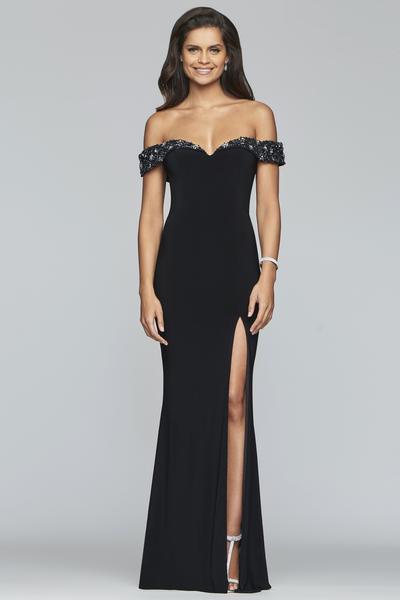 Faviana - S10202 Beaded Sweetheart Off Shoulder Jersey Dress in Black