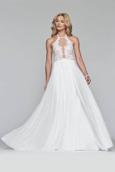 Faviana - S10203 Lace Applique Illusion Halter Evening Dress in White