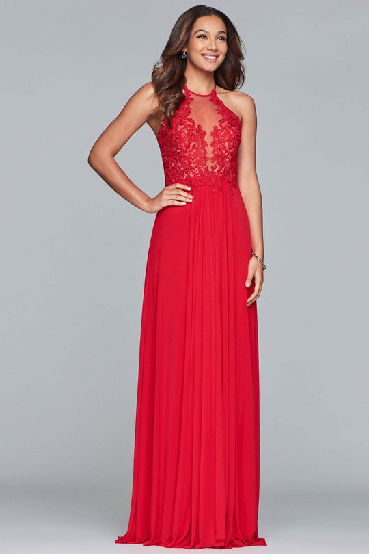 Faviana - Lace Appliqued Illusion Halter Evening Dress S10203  In Red