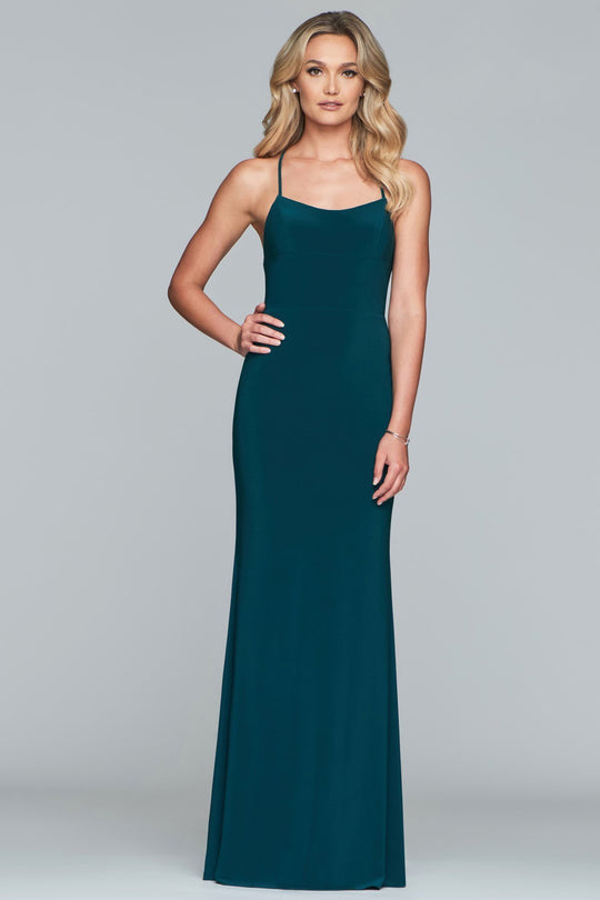 Faviana - Lace Up Back Long Sheath Dress S10205 In Green