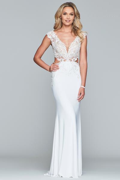 Faviana - S10208 Applique Plunging V-neck Fitted Dress In White