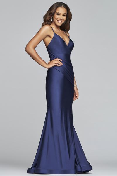 Faviana - S10212 Sleek Plunging V-neck Trumpet Dress in Blue