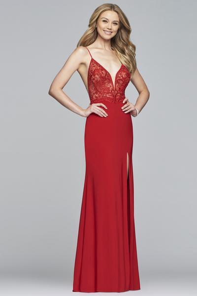 Faviana - S10219 Sequined Illusion Lace High Slit Gown in Red