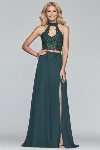 Faviana - S10220 Two Piece Lace High Halter Chiffon A-line Dress in Green
