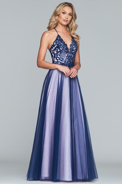 Faviana - S10227 Plunging Sequined Lace Bodice A-Line Gown in Blue and Pink
