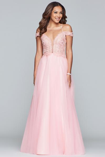 Faviana - S10229 Beaded Deep V-neck Tulle Ballgown in Pink