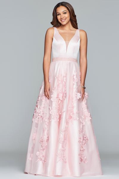 Faviana - S10230 Sleeveless Deep V-neck Satin Tulle Applique Ballgown in Pink