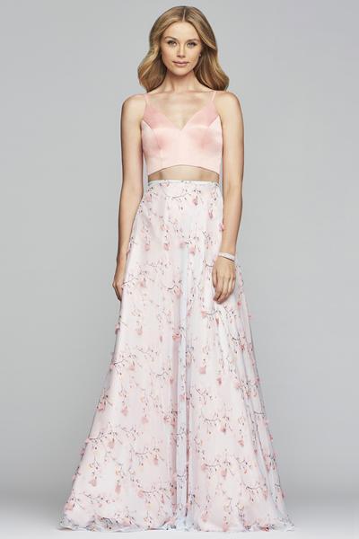Faviana - S10231 Two Piece V-Neck Floral Evening Dress in Pink